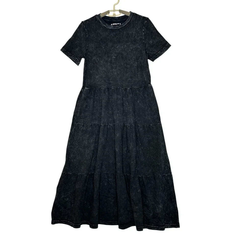 American Giant Womens Premium Slub Tiered Midi Dress Small Black Mineral Wash